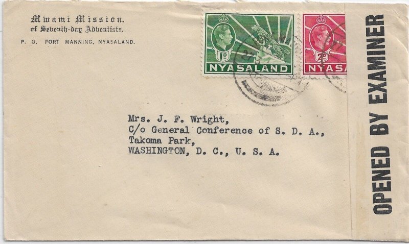 Fort Manning, Nyasaland to Washington DC 1945 Nyasaland censor Ty VB (C5595)