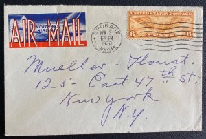 1938 Spokane WA USA Airmail Cover to New York Northwest Airlines