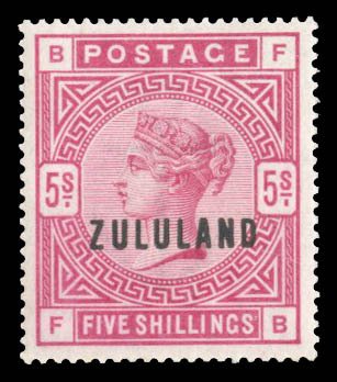 Zululand #11 Cat$725, 1892 5sh rose, very lightly hinged (appears never hinged)