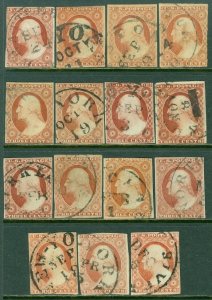 EDW1949SELL : USA 1851 Scott #11. 15 stamps. F-VF, Used. Sound. Catalog $225.00.