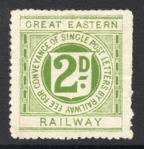 GB = Great Eastern Railway 2d Green, Single Post Letter stamp. Mint Hinged. (a)