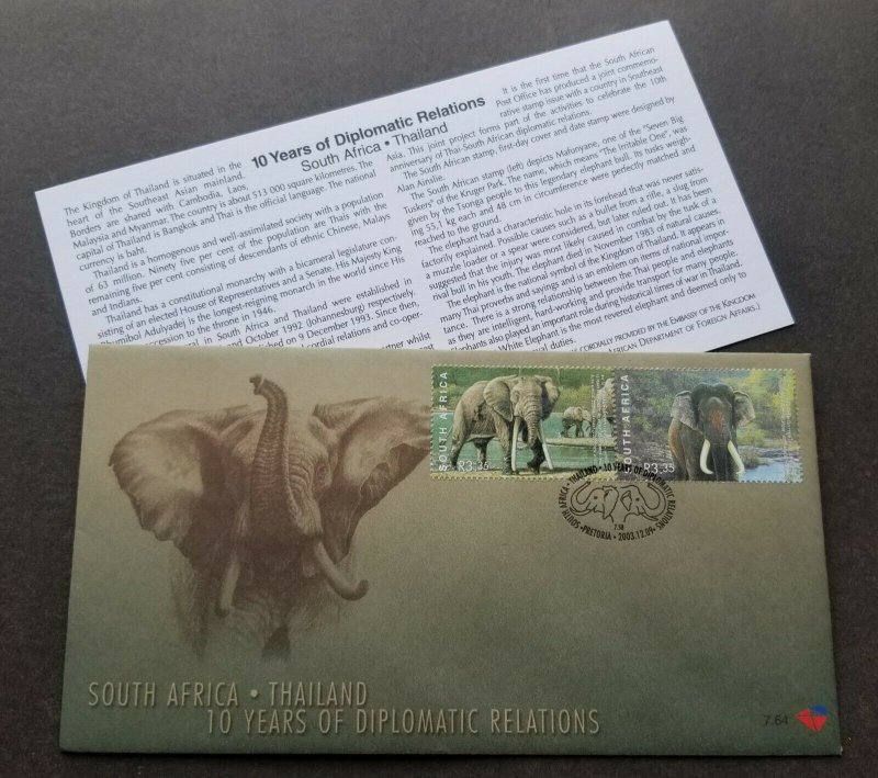 South Africa Thailand Joint Issue 10 Years Diplomatic 2003 Elephant (FDC)