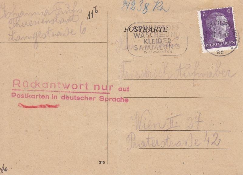 Cover: Czech to Wien, Austria, May 1944, See Remark (HS087)