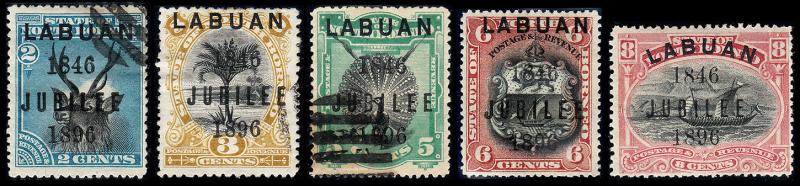 Labuan Scott 67f, 68f, 69b, 70-71 (1896) Used/Mint H F-VF, CV $346.35 B