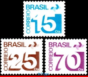 1250+52+56 BRAZIL 1975 NUMERALS, POST OFFICE EMBLEM, PHOSPHORESCENT BAR, MNH