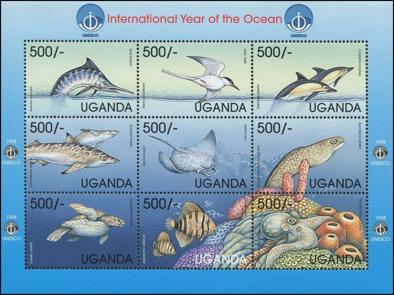 Uganda 1995 Sc 1596 Birds Tern Ray Octopus Turtle Moray Dolphin Shark CV $9