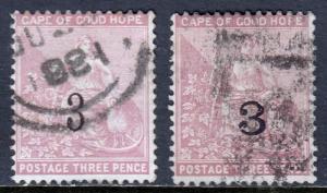 CAPE OF GOOD HOPE —SCOTT 31-32 (SG 37-38) —1880 3 SURCHRG. — USED — SCV $11.60