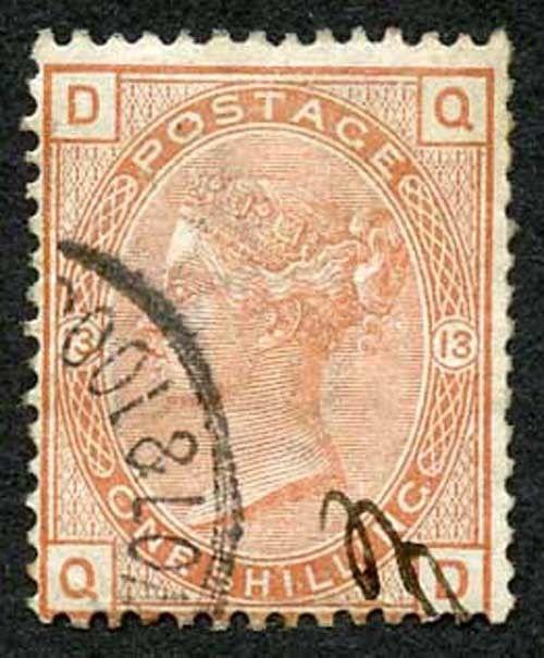 SG163 1/- Orange-brown Wmk Imperial Crown Plate 13 Fine Used Cat 170