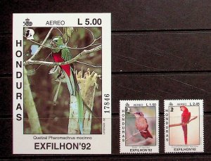 HONDURAS Sc C868-70 NH SET+SOUVENIR SHEET OF 1992- BIRDS