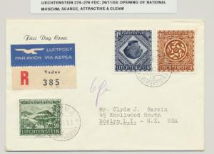 LIECHTENSTEIN 1953 NATIONAL MUSEUM SET ON REG FIRST DAY COVER, SCARCE(SEE BELOW)