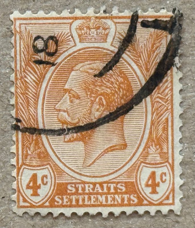 Straits Settlements 1929 KGV 4c orange, used. Scott 185, CV $0.25. SG 224