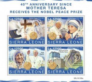 Sierra Leone - 2019 Mother Teresa Anniversary - 4 Stamp Sheet - SRL191106a 