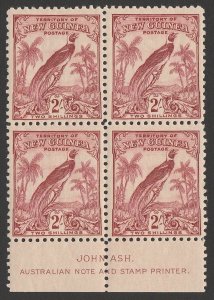 NEW GUINEA 1932 Undated Bird 2/- dull lake block with imprint. MNH **.