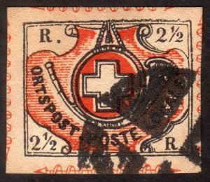 1850, Switzerland 2 1/2c, Used, Sc 1L5, Forgery