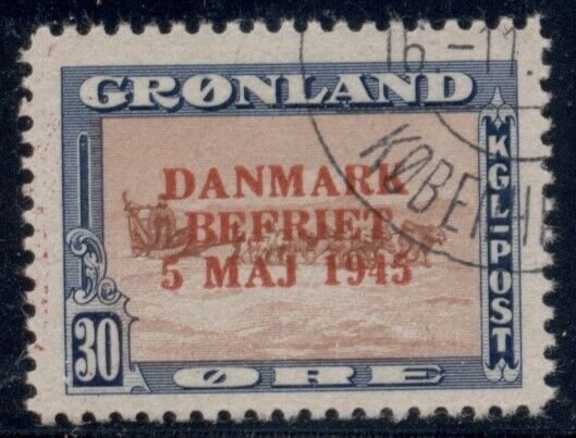 GREENLAND #24a (24v2) 30ore Wrong Color Ovpt, used, VF, Scott $240.00