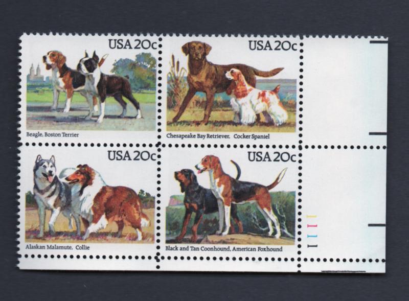 Scott # 2098 - 2101 unused NH Plate Block of 4 American Dogs