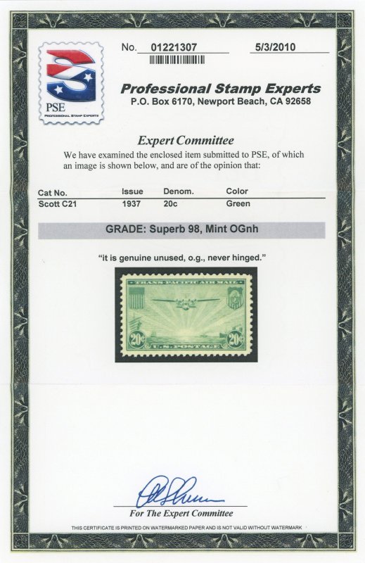 USA C21 - 20 cent Trans Pacific Airmail - PSE Graded Cert: Superb 98 Mint OGnh