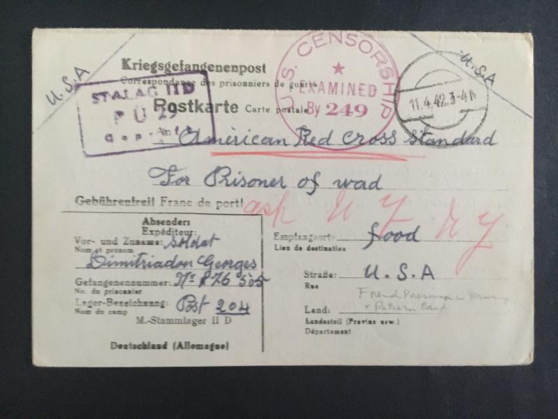 1942 Germany Stalag 2D French Prisoner of War POW Dual Reply PC Cover to USA 