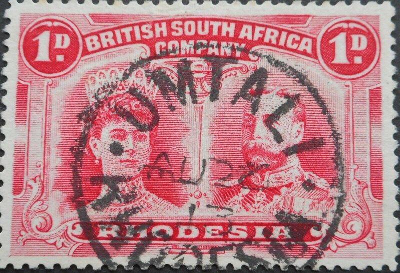 Rhodesia Double Head One Penny with UMTALI Month Day (SC) postmark