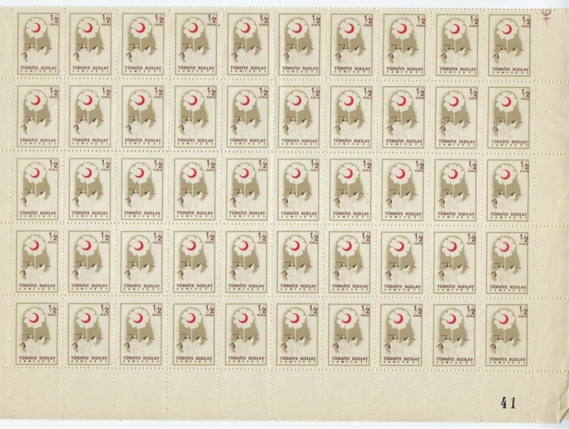 TURKEY 1957 RED CRESCENT STAMPS 1/2k FULL SHEET OF 100 UNISSUED COLORS