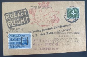 1946 Netherlands First Rocket Flight Mail Postcard Cover To Brooklyn NY Usa