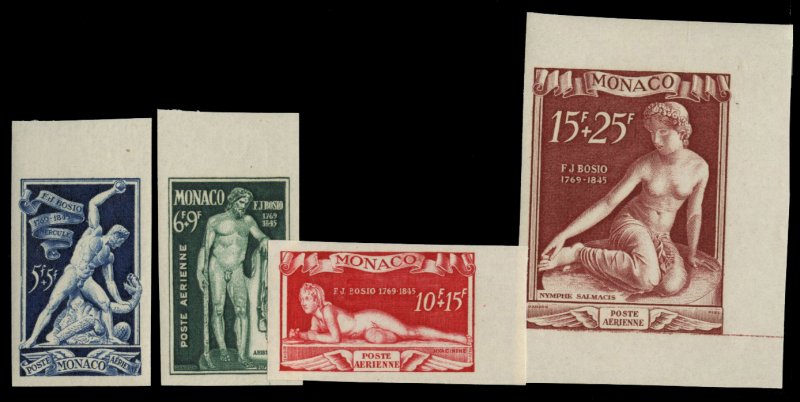 Monaco #CB11-14 (YT PA28-31) Cat€115, 1948 Bosio, imperf. sheet margin set ...