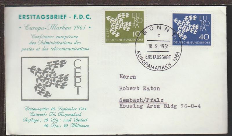 Germany 844-845 Europa 1961 Typed FDC O106