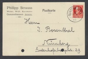 Bavaria Sc 100, Mi 115Ac on 1920 post card GUNZENHAUSEN to NURNBERG, nice cancel