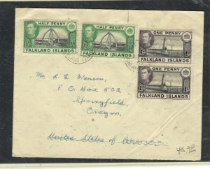 FALKLAND ISLANDS KGVI 1/2DX2+1DX2 COVER  SENT  TO USA   PO228A H