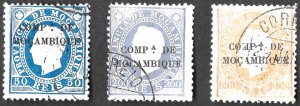 1892 Mozambique Company, #'s 6, 8, 9, Used, Overprints, No Gum, Never Hinged