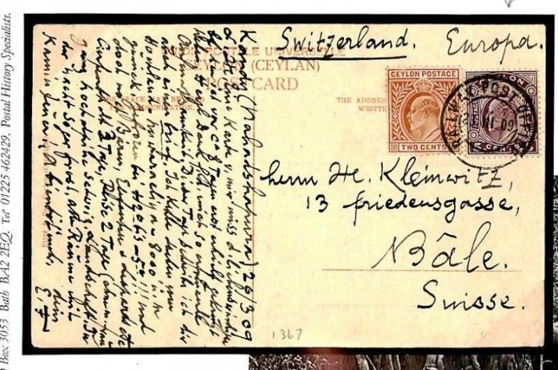 CEYLON Cover 1909 Superb *RAILWAY POST OFFICE* Postcard WORKING ELEPHANTS W529