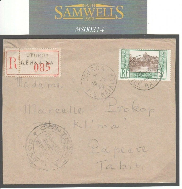 France Cols POLYNESIA Cover WW2 Registered UTUROA ILE RAIATEA 1940 Censor MS314