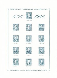 BEP Souvenir Card B197 Centennial Postage Stamp Production Blue Mint 1994