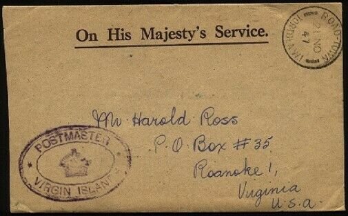 VIRGIN IS 1947 OHMS cover from Postmaster - Road Town cds to USA...........95931