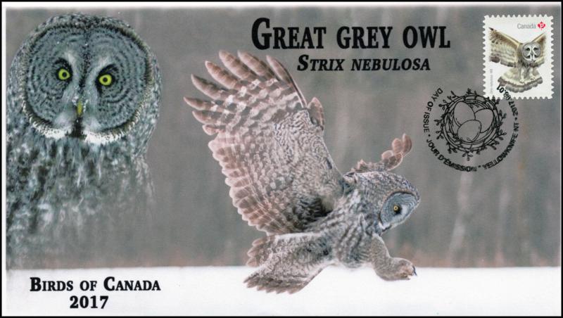 CA17-043, 2017, Birds of Canada, Great Grey Owl, Day of Issue, FDC