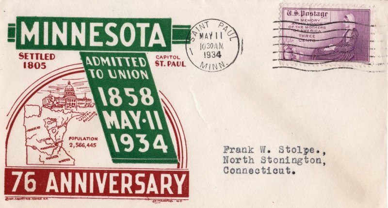 United States 1934 Cachet Cover Minnesota 76th Anniversary