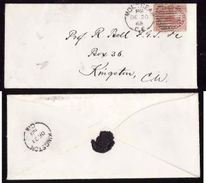 Canada-cover#14369-5c Beaver-duplex cancel-Montreal,CE-De 20 1865-B/S Kingston