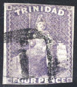 Trinidad 1859 4d Grey (Dull) Lilac Britannia SG 25 Scott 15a FU Cat £325($420)