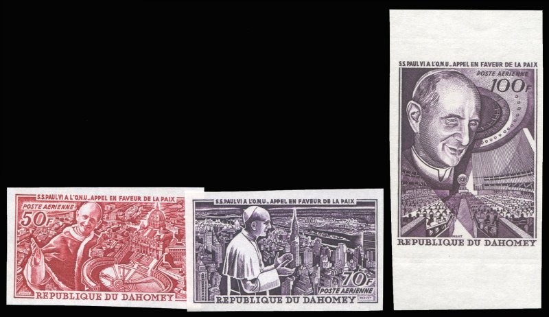 French Colonies, Dahomey #C39-41, 1966 Papal Visit, set of three imperf. tria...