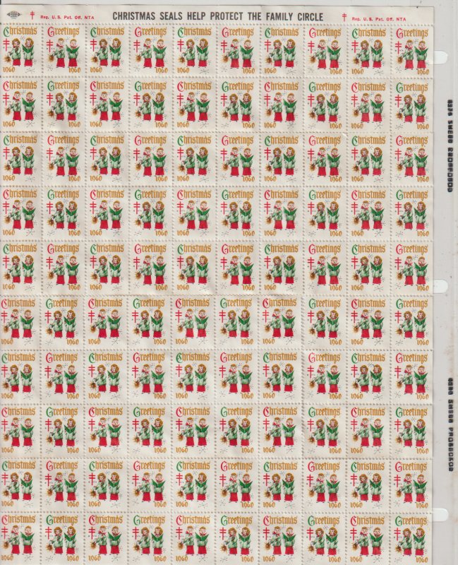 1960 US CHRISTMAS SEALS -STAMPS FULL SHEET of 100 W/ Separation Carolers)MNG