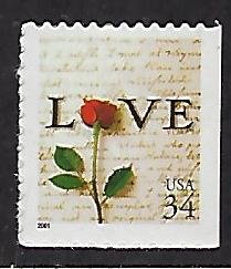 Catalog #3498 Single Stamp From Booklet Pane Love Roses Flowers