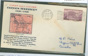 US 783 1936 3c Oregon Territory (single) on an addressed FDC with a Missoula, MT with a Clifford cachet