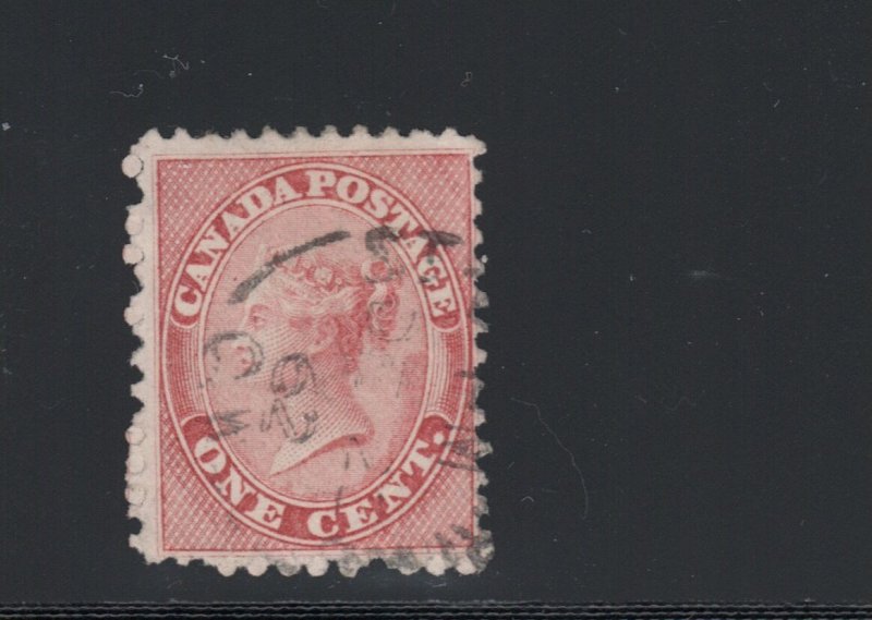 #14ii Canada 1c DEEP ROSE ON VERY THICK PAPER, F-VF LIGHT cancel Cat$200 