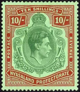 Nyasaland 1938-44 SG142 10s emerald and deep red on pale green UM c60 pounds