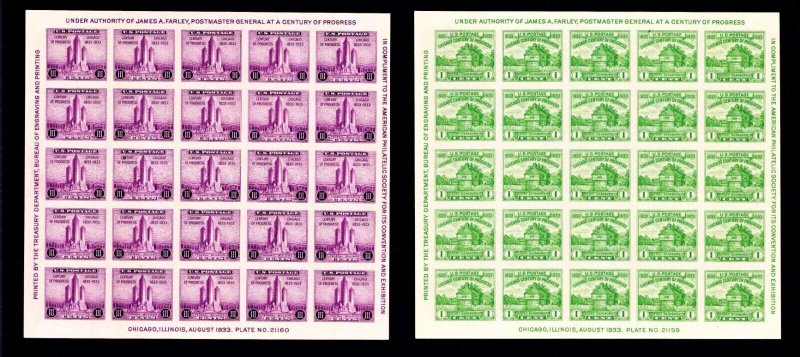 US 1933   730-731 MNH Century of Progress Sheets MNH No Gum As Issued