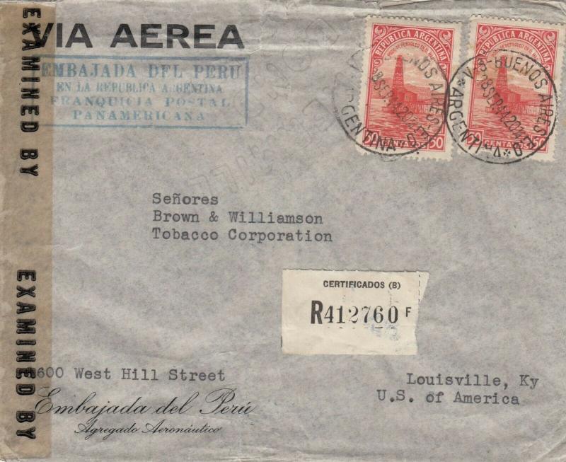 Registered Cover from Peruvian Embassy in Argentina to USA 1944 Censored