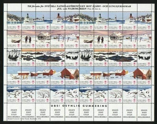 Sweden. Christmas Seal 1976/77 Mnh Full Sheet Folded. Lighthouse, Ferry, Horse.