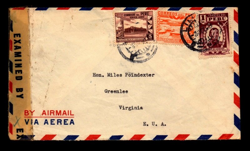 Peru 1945 Censor Airmail Cover to USA - L11025