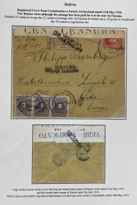 1916 Cochabamba Bolivia Registered commercial Cover To Zurich Switzerland