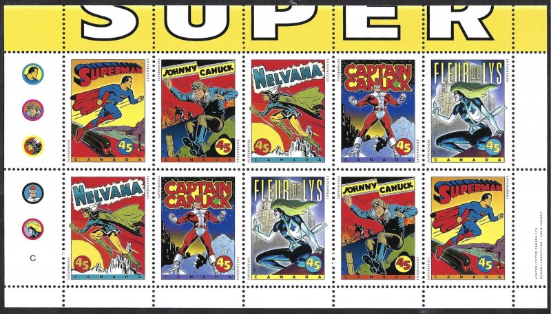 Canada #1583b 45¢ Comic Book Superheros (1995). Pane of 10. 5 designs. MNH